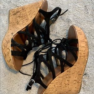Black lace up wedges
